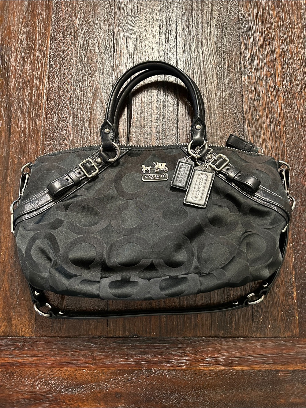 Vintage COACH Madison Sophia Satchel 18650 Black Op Art Sateen Canvas Bag Y2K